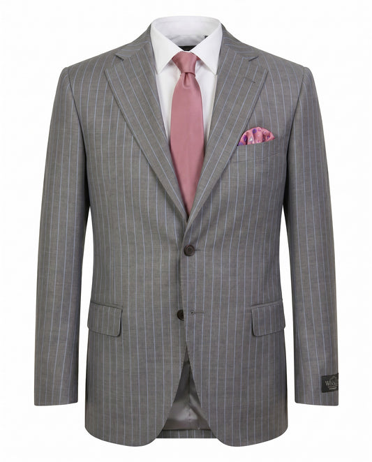 Belvest Super 130’s Wool Suit in Gray & Light blue Pinstripe