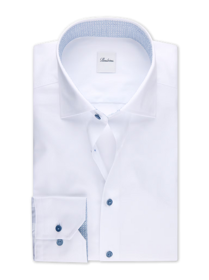 Stenströms Slim White Twill Shirt with Ocean Blue Contrast Buttons