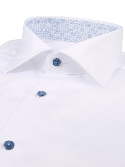 Stenströms Slim White Twill Shirt with Ocean Blue Contrast Buttons