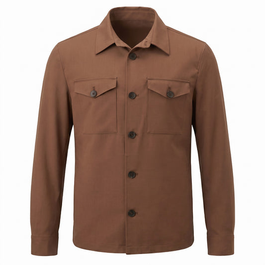 Fradi Wool Poplin Overshirt in Natural Stretch in Tobacco