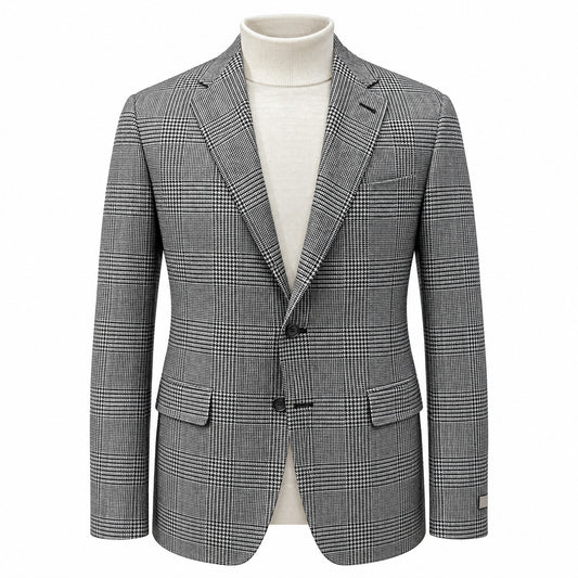 Canali Kei Model Wool and Cashmere Sport Coat in Black and Ivory Prince of Wales