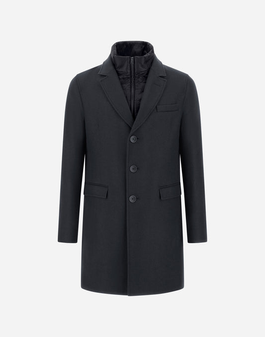 Herno Diagonal Wool Blend Topcoat with Detachable Nylon Bib in Navy