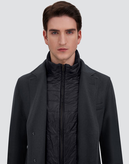 Herno Diagonal Wool Blend Topcoat with Detachable Nylon Bib in Navy