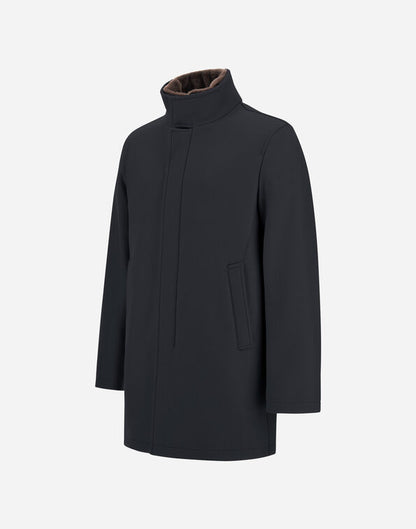 Herno Eco Wool Coat with Detachable Faux Fur Collar-Navy