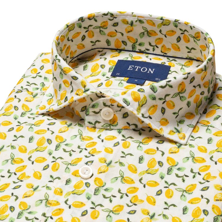 Eton Linen Sport Shirt in White with Yellow Lemon Print