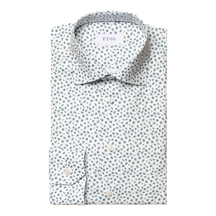 Eton Signature Poplin Sport Shirt in White with Light Blue Umbrella Print