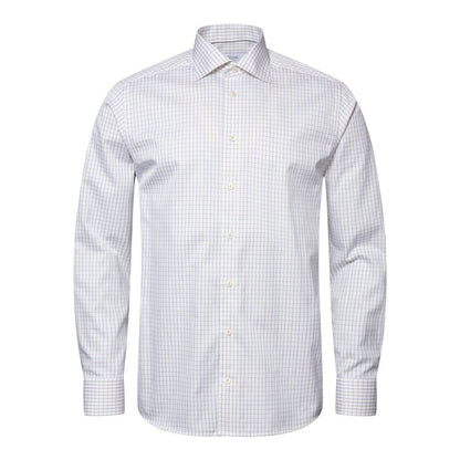 Eton Signature Twill Sport Shirt in White with Blue and Light Brown Check Pattern