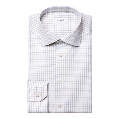 Eton Signature Twill Sport Shirt in White with Blue and Light Brown Check Pattern