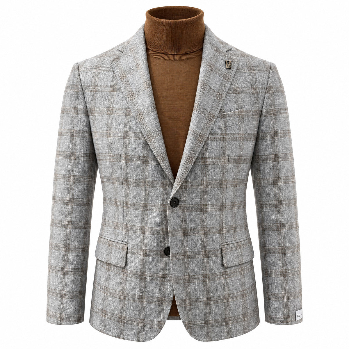 Pal Zileri Sport Coat In Brera Model in Light Grey Wool & Bamboo with Mocha Windowpane