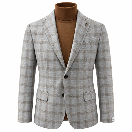 Pal Zileri Sport Coat In Brera Model in Light Grey Wool & Bamboo with Mocha Windowpane
