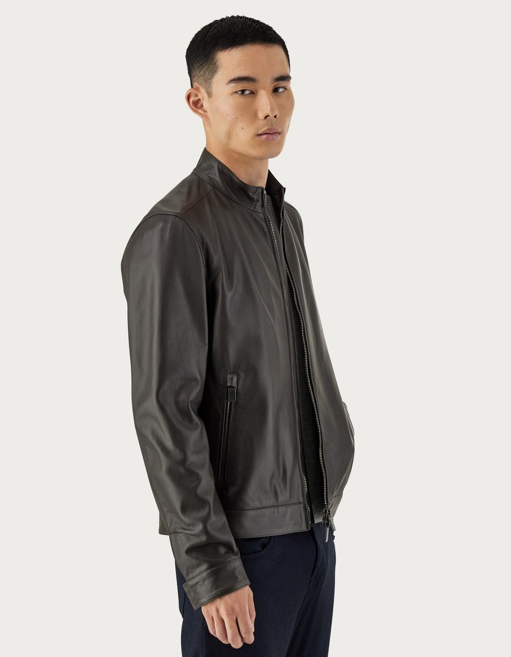 Canali Bomber Leather Jacket in Dark Brown