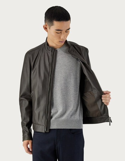 Canali Bomber Leather Jacket in Dark Brown