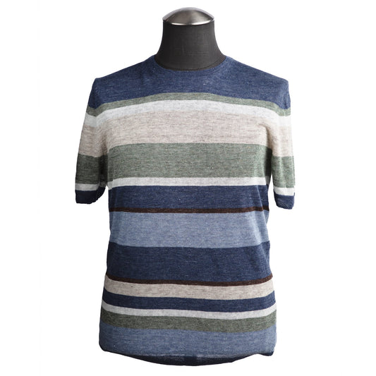 Gran Sasso Linen Knit T-Shirt in Blue Contrasting Stripes