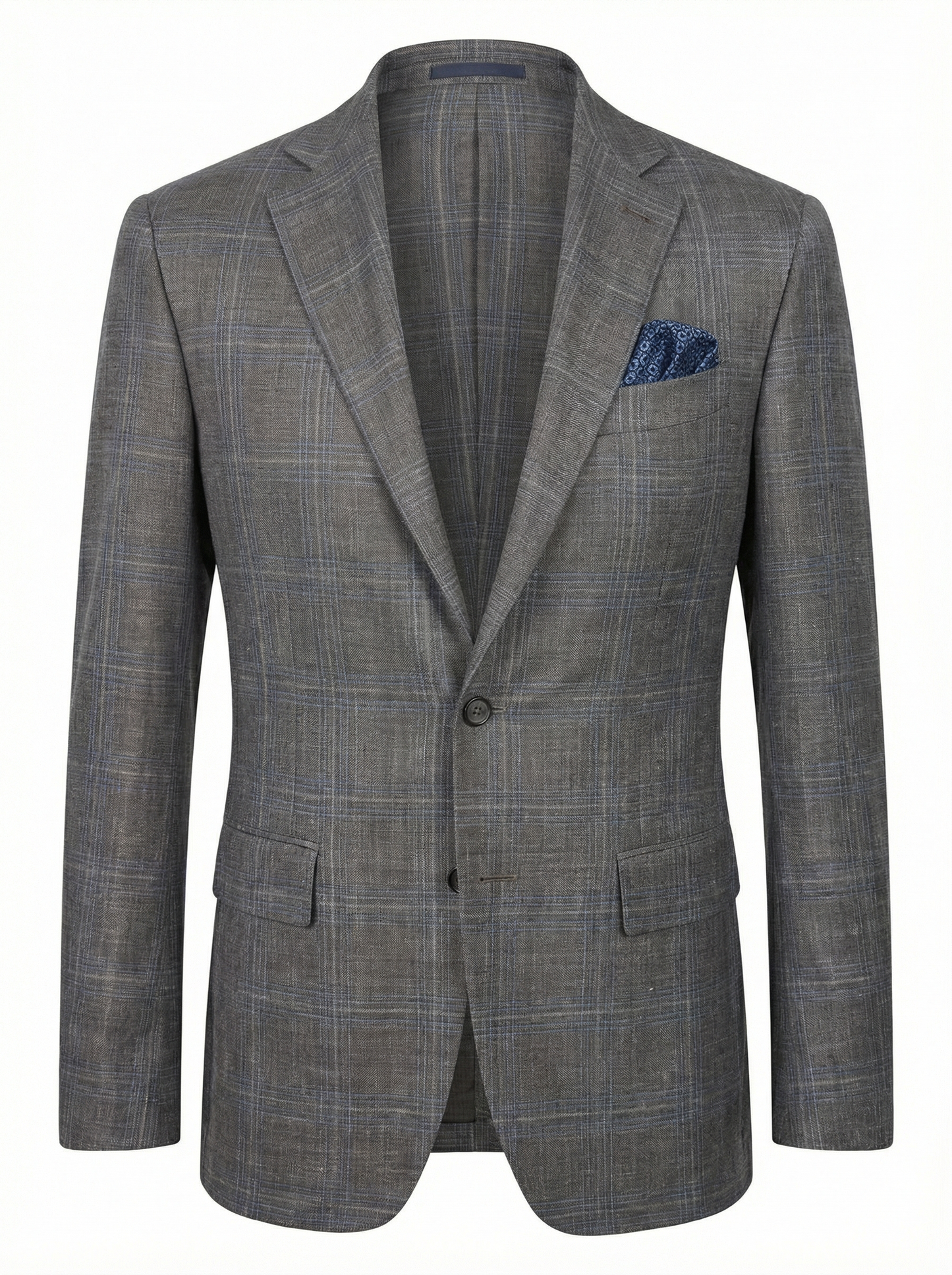 Canali Kei Model Wool, Silk & Linen Sport Coat in Mushroom Charcoal with Subtle Blue Windowpane