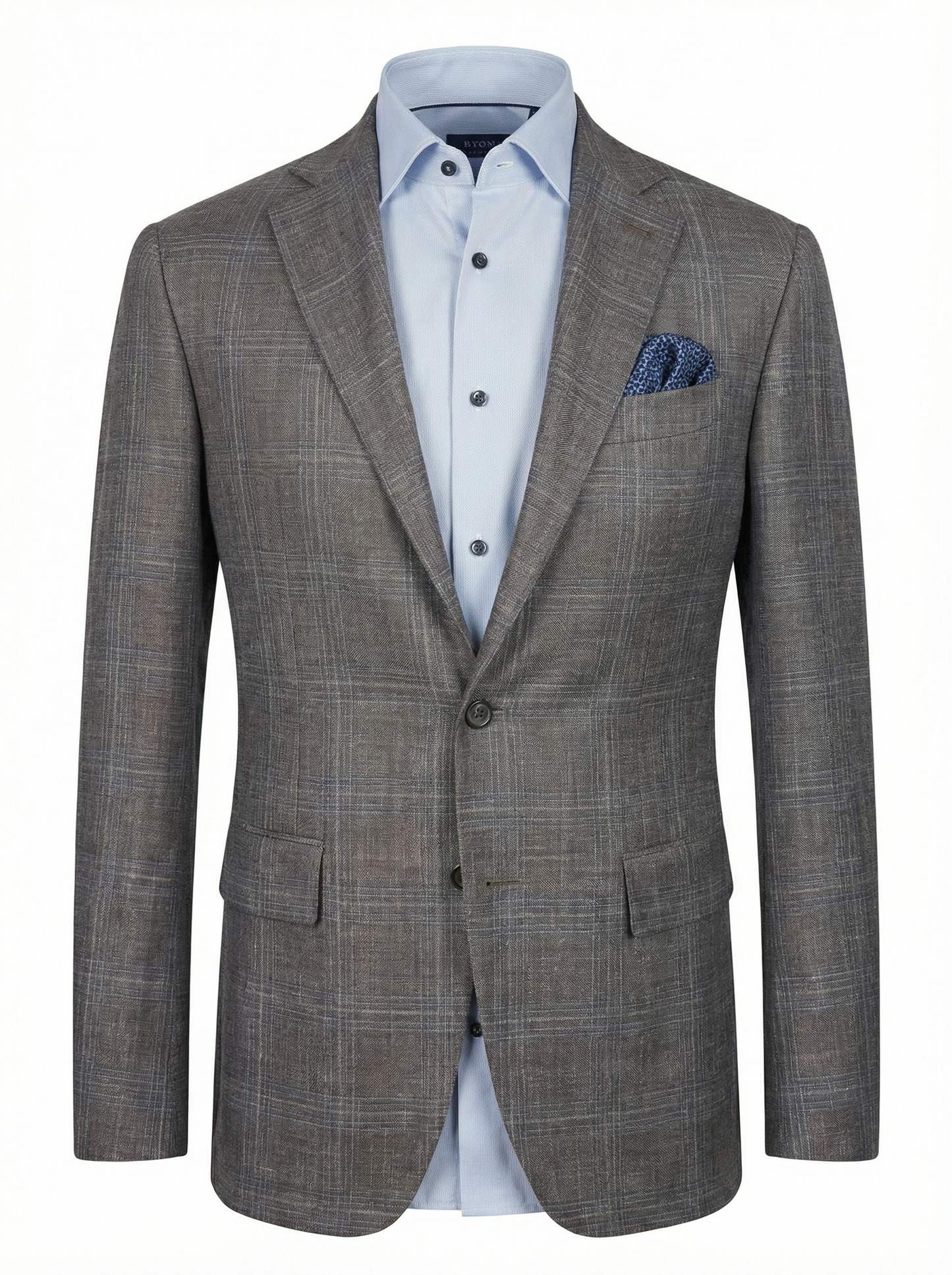 Canali Kei Model Wool, Silk & Linen Sport Coat in Mushroom Charcoal with Subtle Blue Windowpane