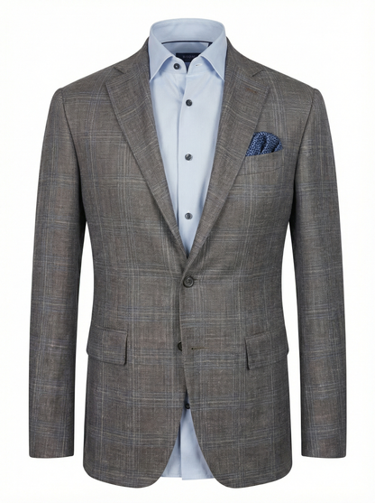 Canali Kei Model Wool, Silk & Linen Sport Coat in Mushroom Charcoal with Subtle Blue Windowpane