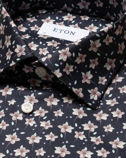 Eton Signature Twill Sport Shirt in Navy with Pink Floral Print