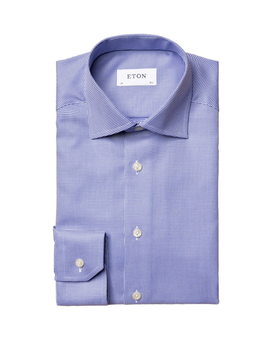 Eton Mid Blue Patterned Textured Twill Sport Shirt