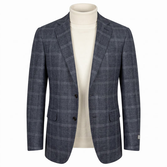 Canali Kei Model Wool Sport Coat in Slate Blue with Cream Windowpane