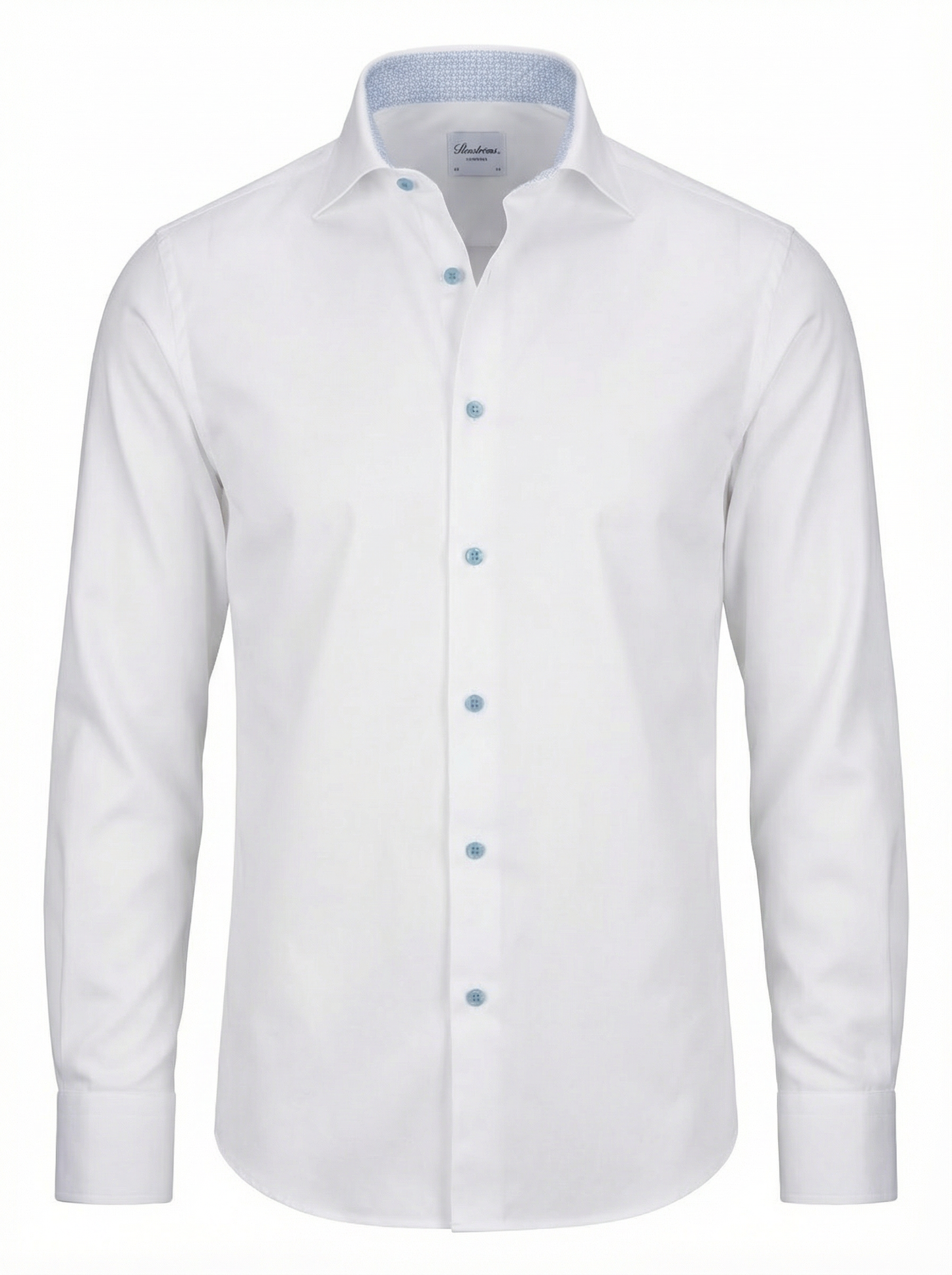 Stenströms Slim White Twill Shirt with Ocean Blue Contrast Buttons