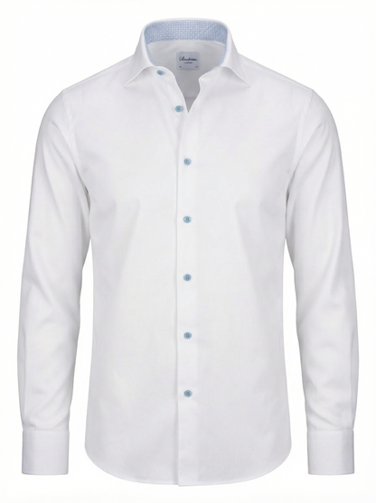 Stenströms Slim White Twill Shirt with Ocean Blue Contrast Buttons