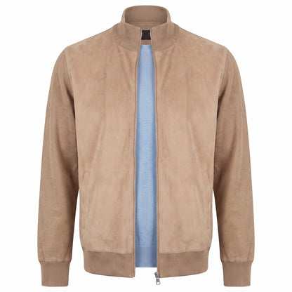 Gran Sasso Lightweight Wool and Alcantara Full Zip Jacket in Tan
