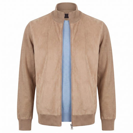Gran Sasso Lightweight Wool and Alcantara Full Zip Jacket in Tan