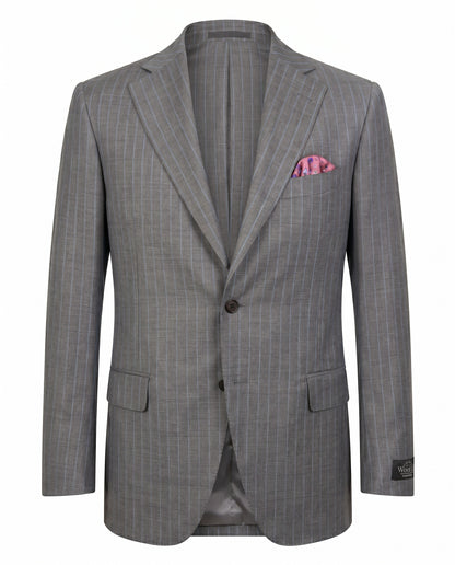 Belvest Super 130’s Wool Suit in Gray & Light blue Pinstripe