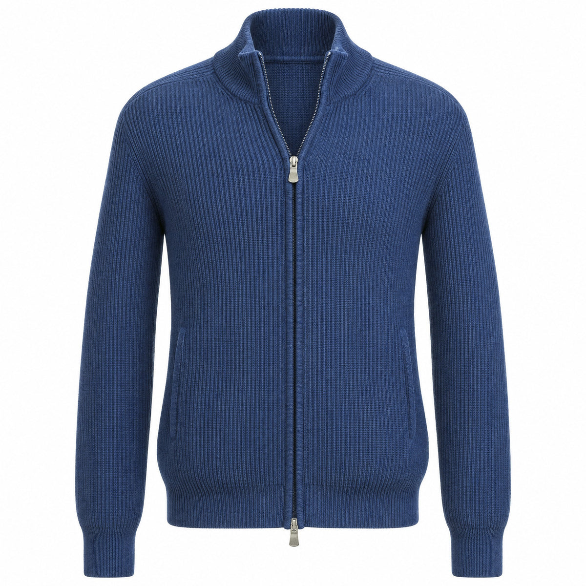 Gran Sasso Wool & Cashmere Ribbed Full Zipped Cardigan in Royal Blue