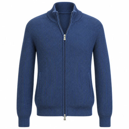 Gran Sasso Wool & Cashmere Ribbed Full Zipped Cardigan in Royal Blue