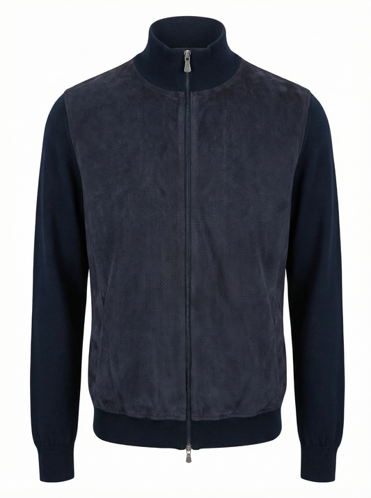 Gran Sasso Lightweight Cotton and Alcantara Full Zip Jacket in Navy