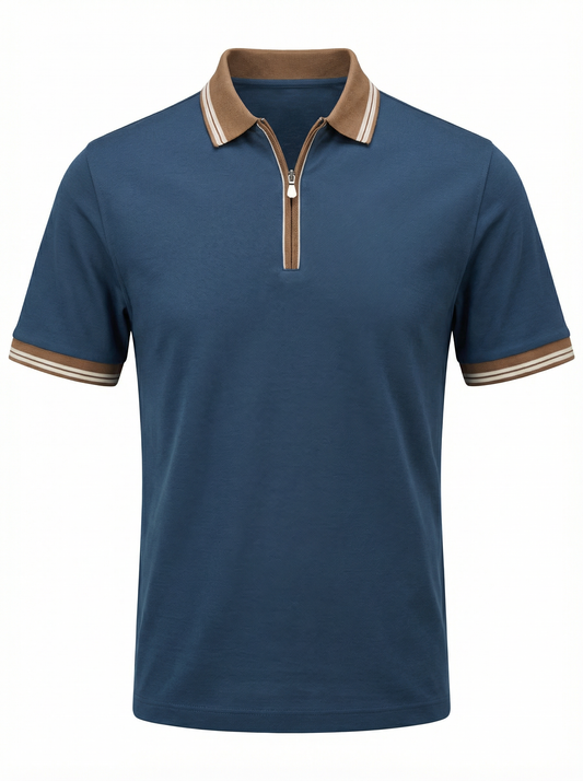 Gran Sasso Fine Piqué Zip Polo in Navy with Contrast Trim