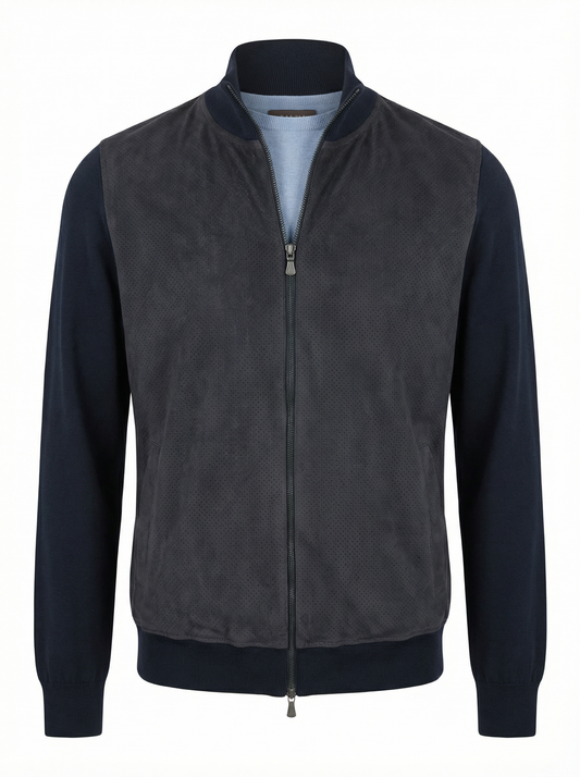 Gran Sasso Lightweight Cotton and Alcantara Full Zip Jacket in Navy