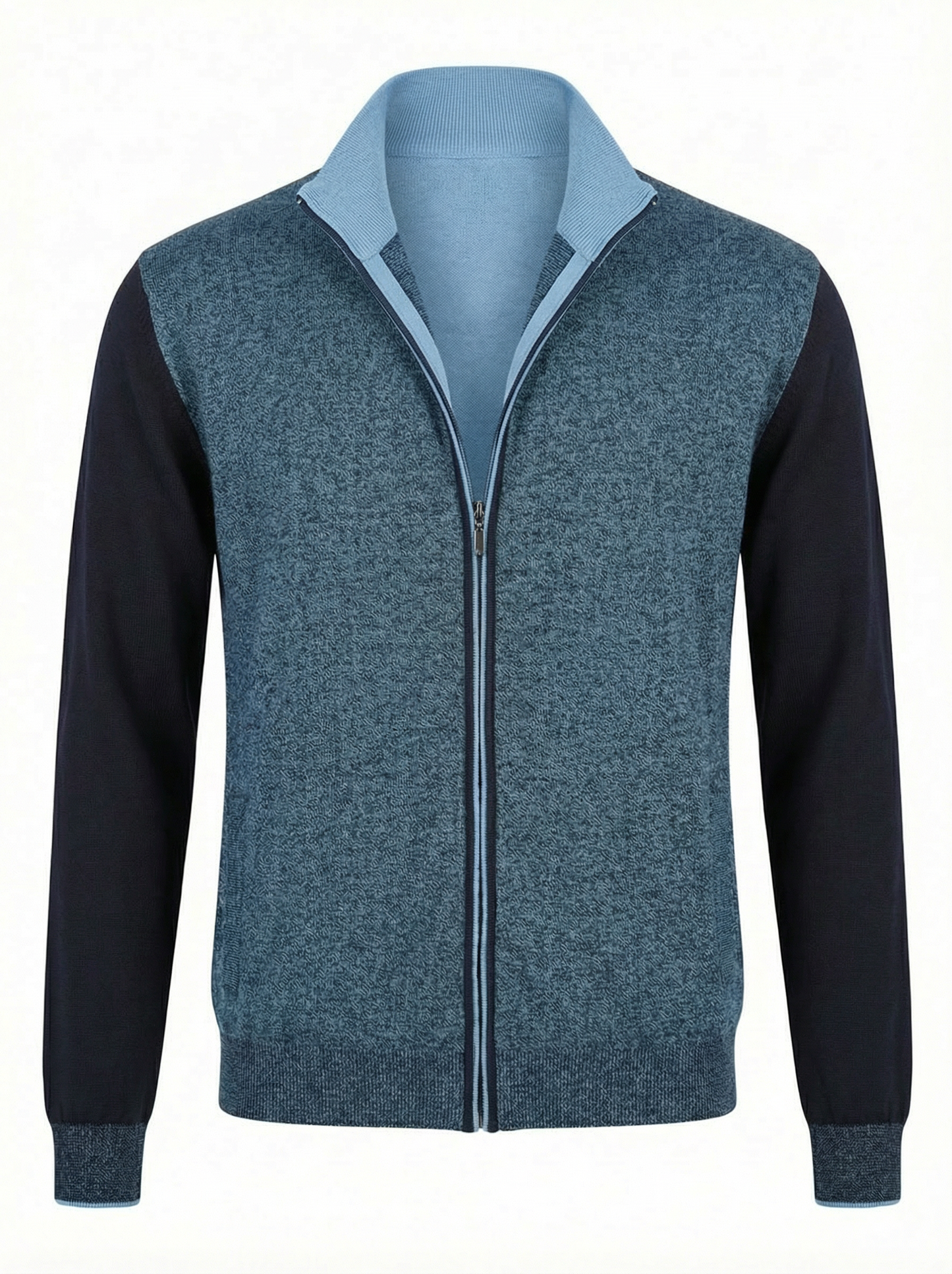 Codice Full Zip Long Sleeve Cotton Sweater in Blue with Navy Contrast Sleeves