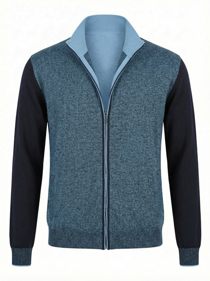 Codice Full Zip Long Sleeve Cotton Sweater in Blue with Navy Contrast Sleeves