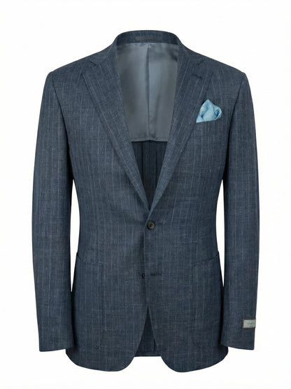 Canali Kei Model Chalk Stripe Suit in Mid Blue