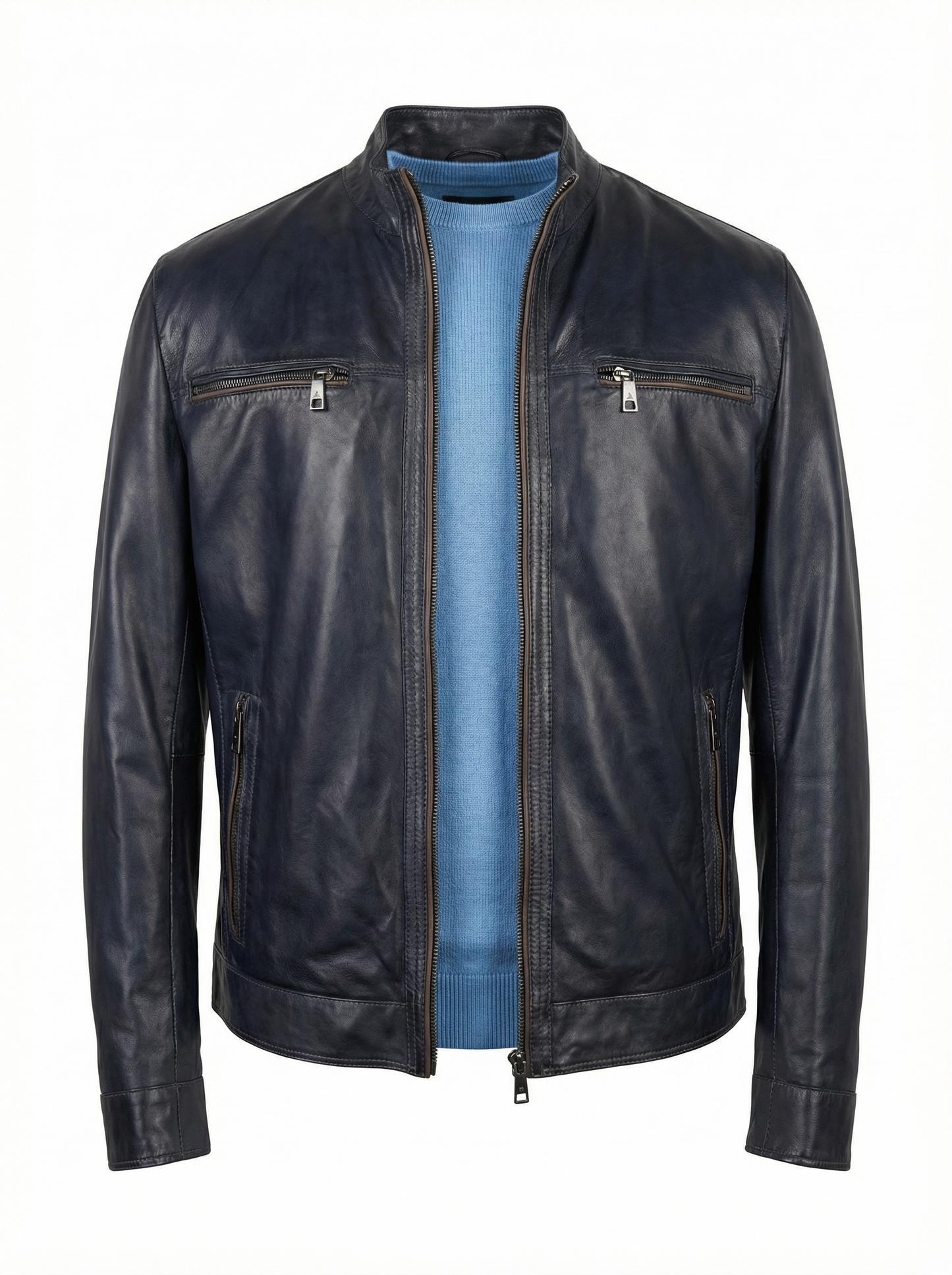 Milestone Lambskin Nappa Leather Jacket in Navy with Brown Piping