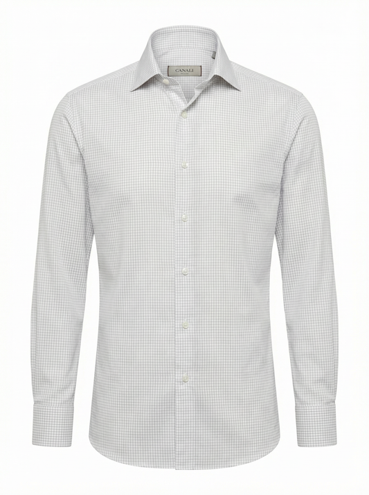 Canali Cotton Sport Shirt in Check Pattern in Gray & Beige