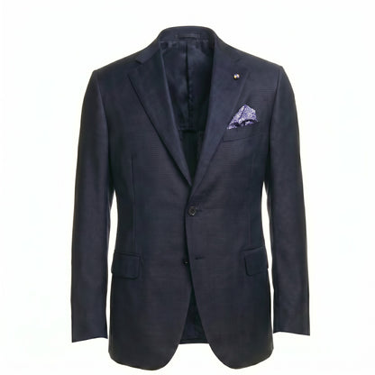 Belvest Super 130's Wool Suit in Mid Blue with Maroon Micro Check