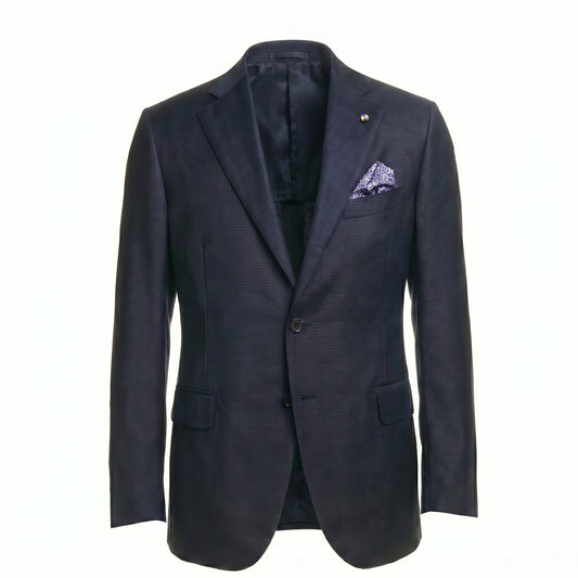 Belvest Super 130's Wool Suit in Mid Blue with Maroon Micro Check