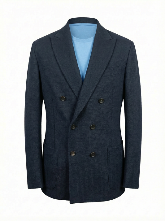 Fradi  Super Light Double Breasted Seer Sucker Jacket in Cotton & Linen -Navy