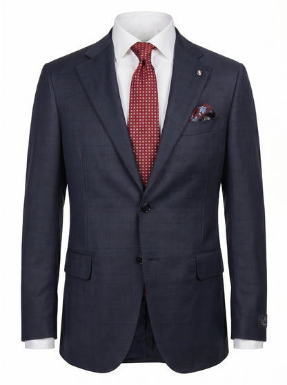 Belvest Super 130's Wool Suit in Navy Blue with Maroon Check