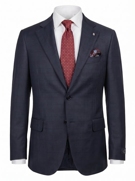 Belvest Super 130's Wool Suit in Navy Blue with Maroon Check