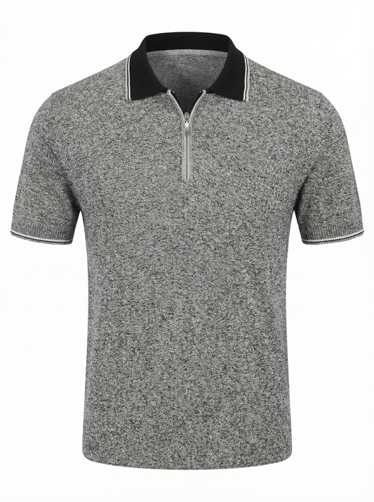 Codice Short Sleeve Cotton Zip Polo in Gray with Contrast Collar