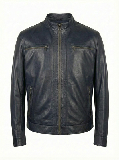 Milestone Lambskin Nappa Leather Jacket in Navy with Brown Piping