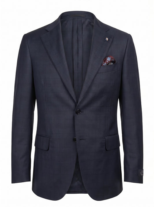 Belvest Super 130's Wool Suit in Navy Blue with Maroon Check