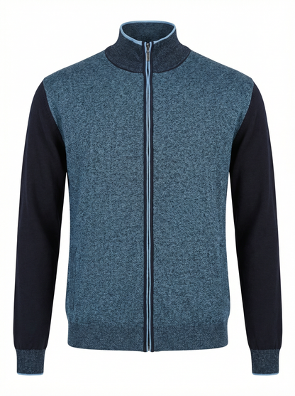 Codice Full Zip Long Sleeve Cotton Sweater in Blue with Navy Contrast Sleeves