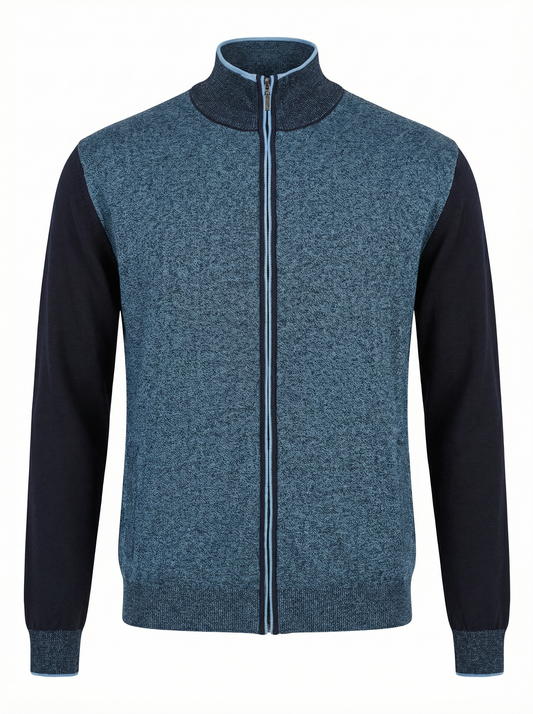 Codice Full Zip Long Sleeve Cotton Sweater in Blue with Navy Contrast Sleeves