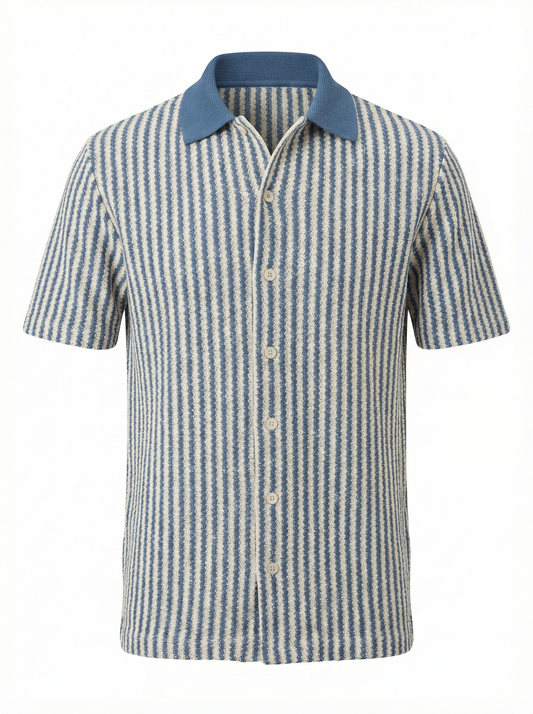 Gran Sasso Striped Knit Short Sleeve Button Shirt in Light Blue and White