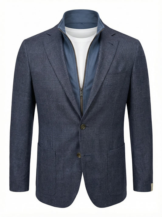 Corneliani ID Jacket in Wool Silk & Linen Blend with Detachable Bib Windowpane in Blue